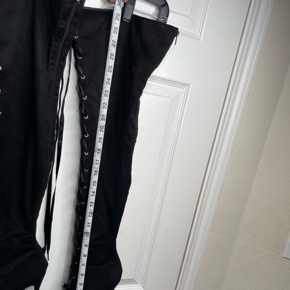 Lace Up Black Thigh High Stiletto Boots - Picture 2 of 14